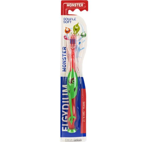 Elgydium Monster Soft Toothbrush 2/6 Years Πράσινο - Κόκκινο Χειροκίνητη Οδοντόβουρτσα με Απαλές Ίνες για Πλήρη Καθαρισμό για Παιδιά από 2 έως 6 Ετών 1 Τεμάχιο